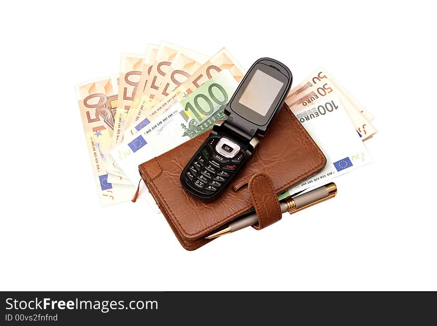 Leather organizer with pen and a banknotes. Leather organizer with pen and a banknotes