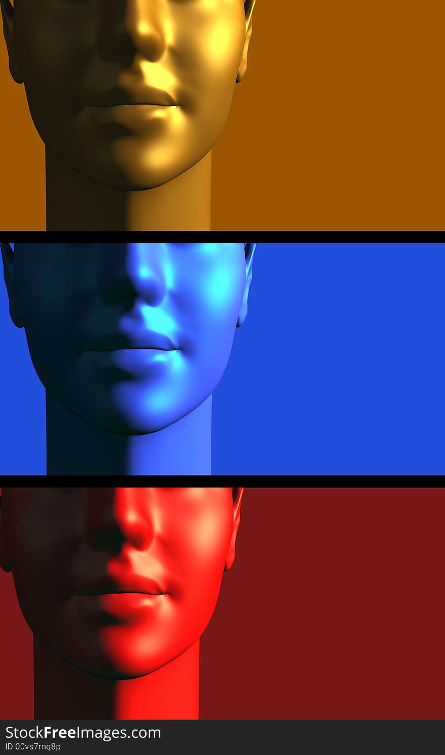 Woman's head render in three color variants