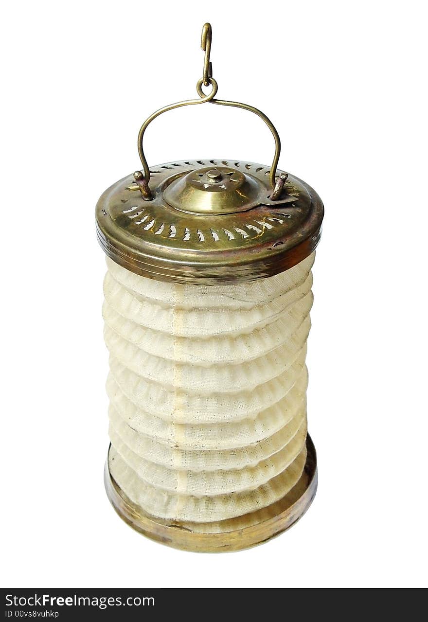 Vintage brass and linen lantern isolated on white