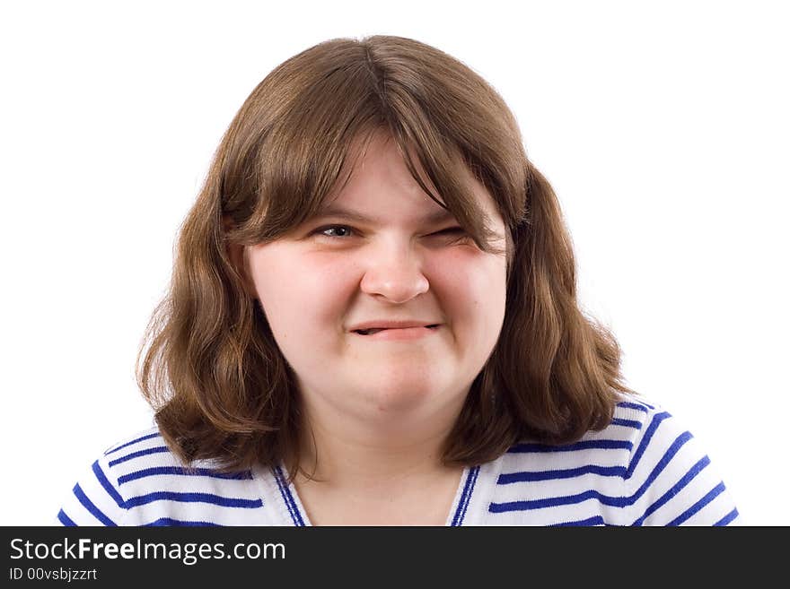 Young smiling woman portrait, obese, photo on the white background