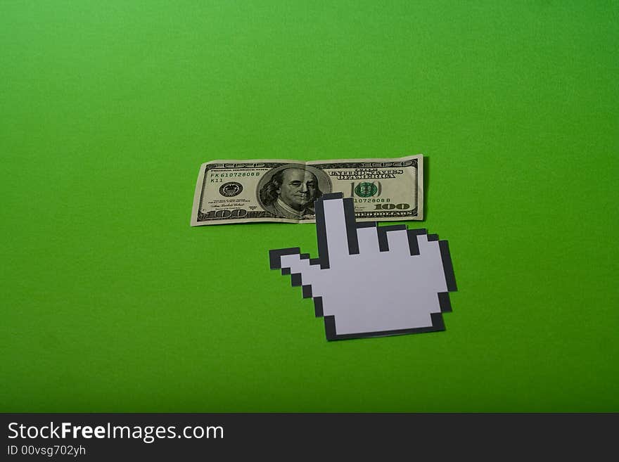 100 dollar bill under the click of the hand cursor. 100 dollar bill under the click of the hand cursor