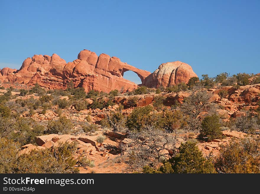 View of the red rock formations in Arches National Park with blue sky�s. View of the red rock formations in Arches National Park with blue sky�s