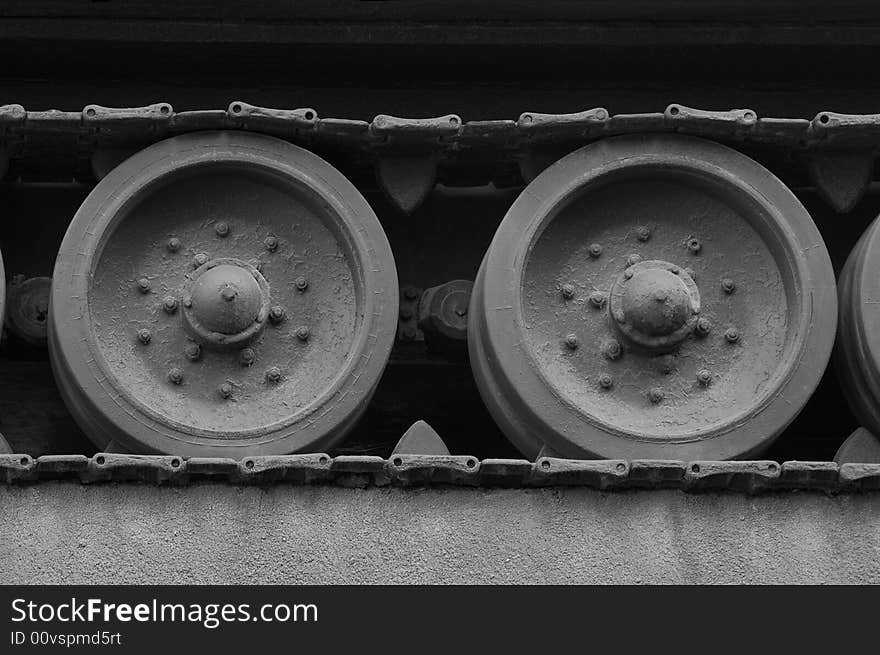 Wheel and caterpillar of the Soviet tank. Close up