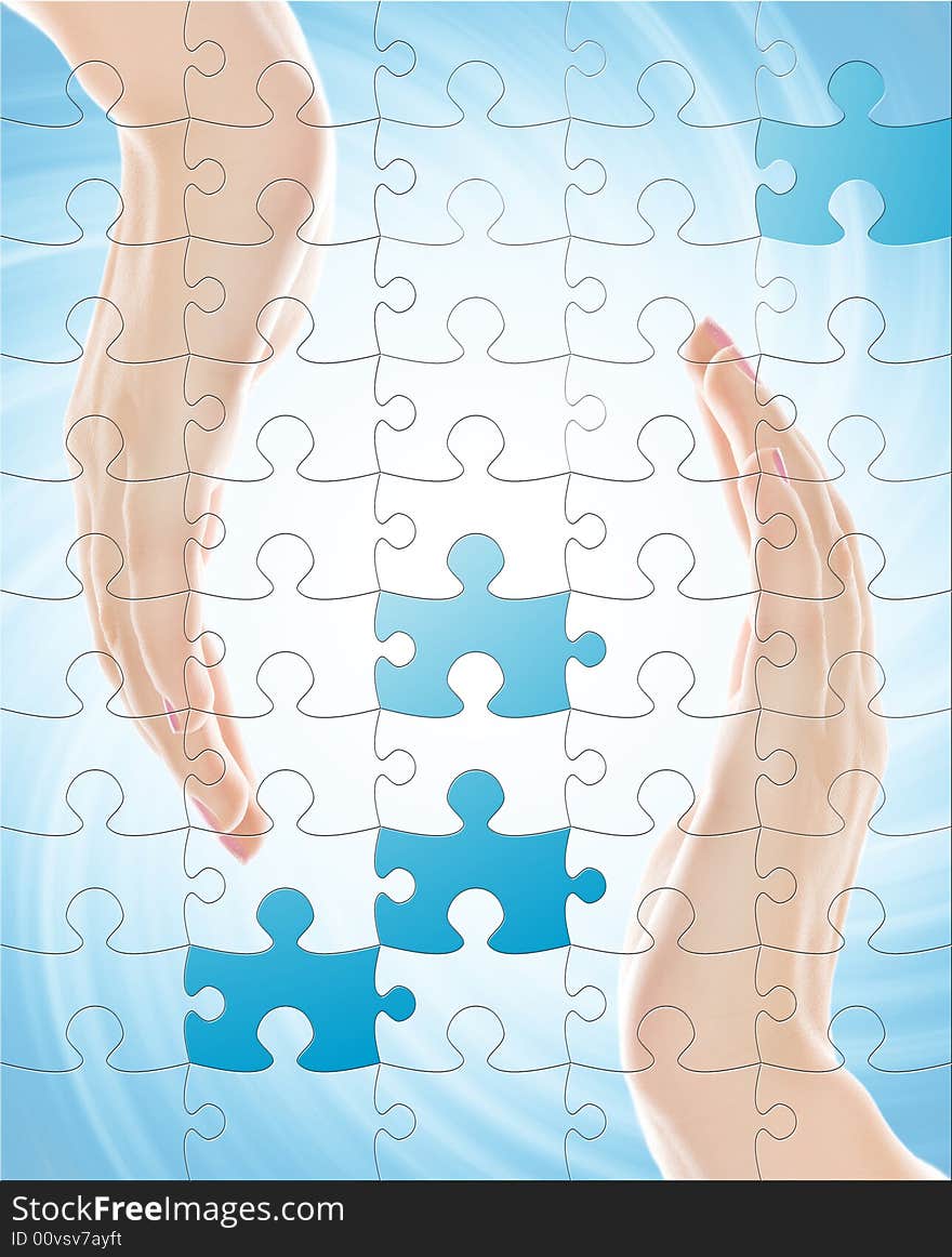 Two hands isolated over abstract background with puzzle effect