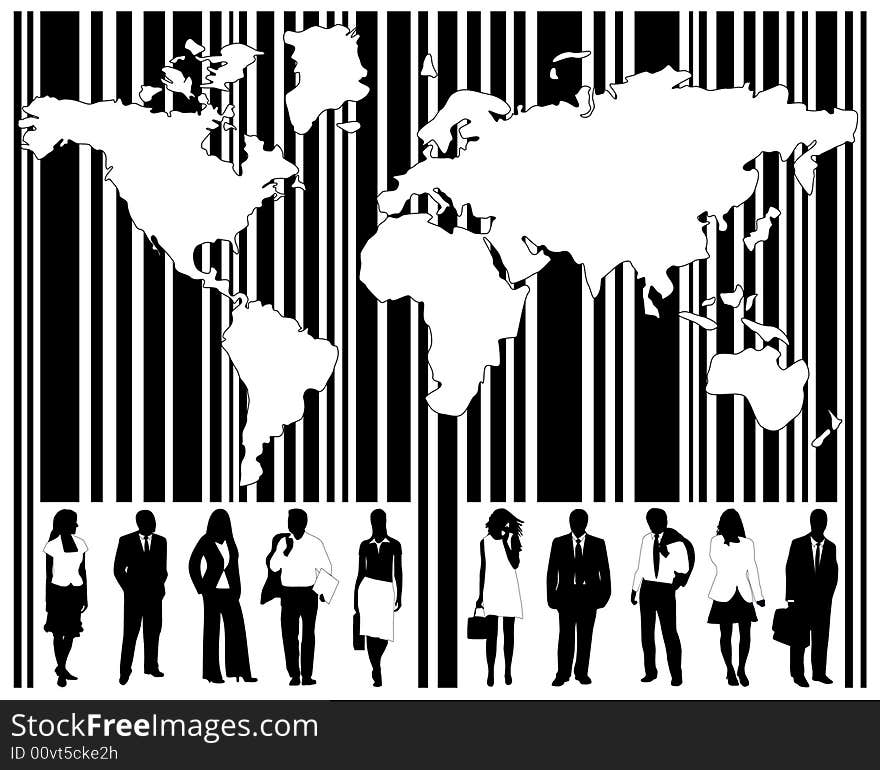 Illustration of barcode, people and map