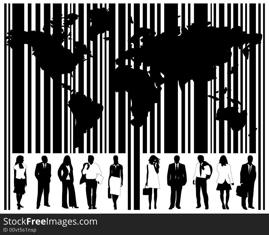 Illustration of barcode, people and map