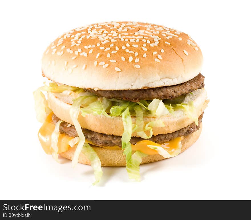 Bread with fried meat, cheese, onion and lettuce isolated on a white background. Bread with fried meat, cheese, onion and lettuce isolated on a white background.