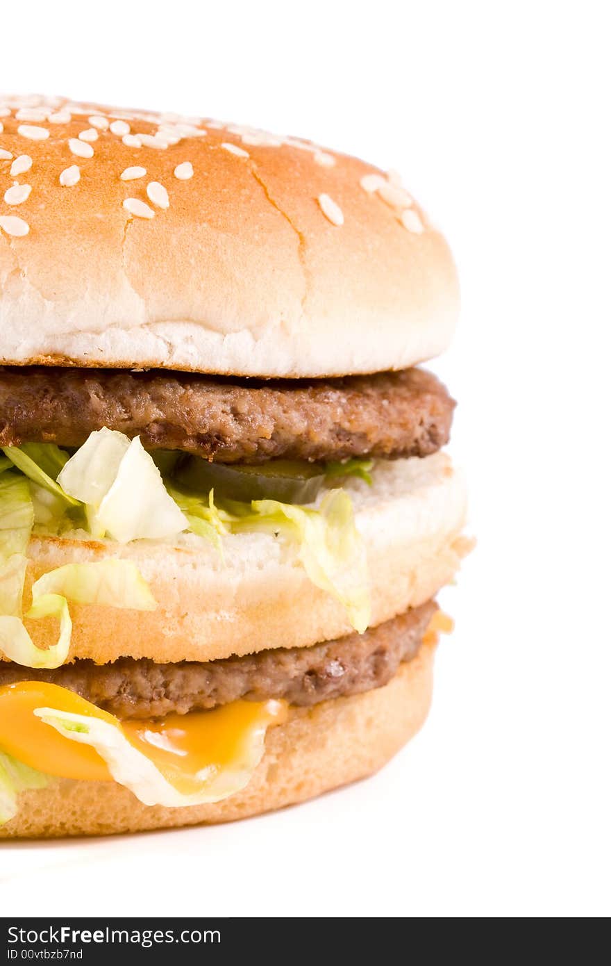 Bread with fried meat, cheese, onion and lettuce isolated on a white background. Bread with fried meat, cheese, onion and lettuce isolated on a white background.