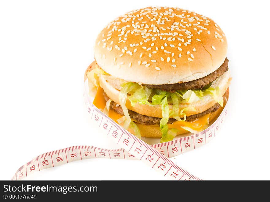 Bread with fried meat, cheese, onion and lettuce isolated on a  white background. Bread with fried meat, cheese, onion and lettuce isolated on a  white background.