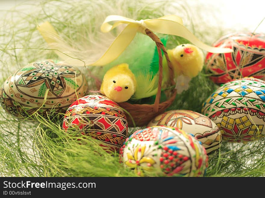 Hand painted Easter eggs in basket