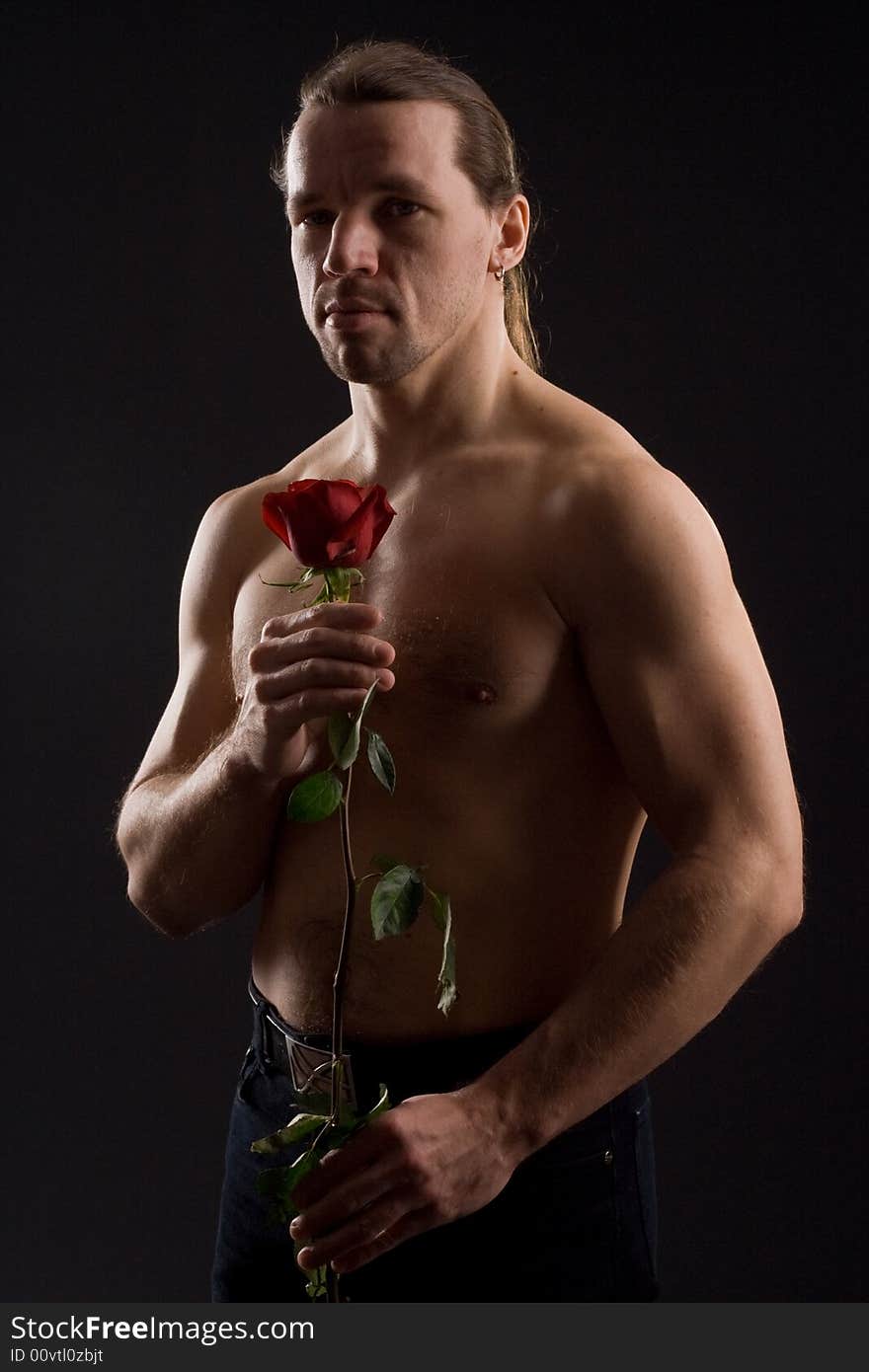 Standing romantic man with red rose. Standing romantic man with red rose