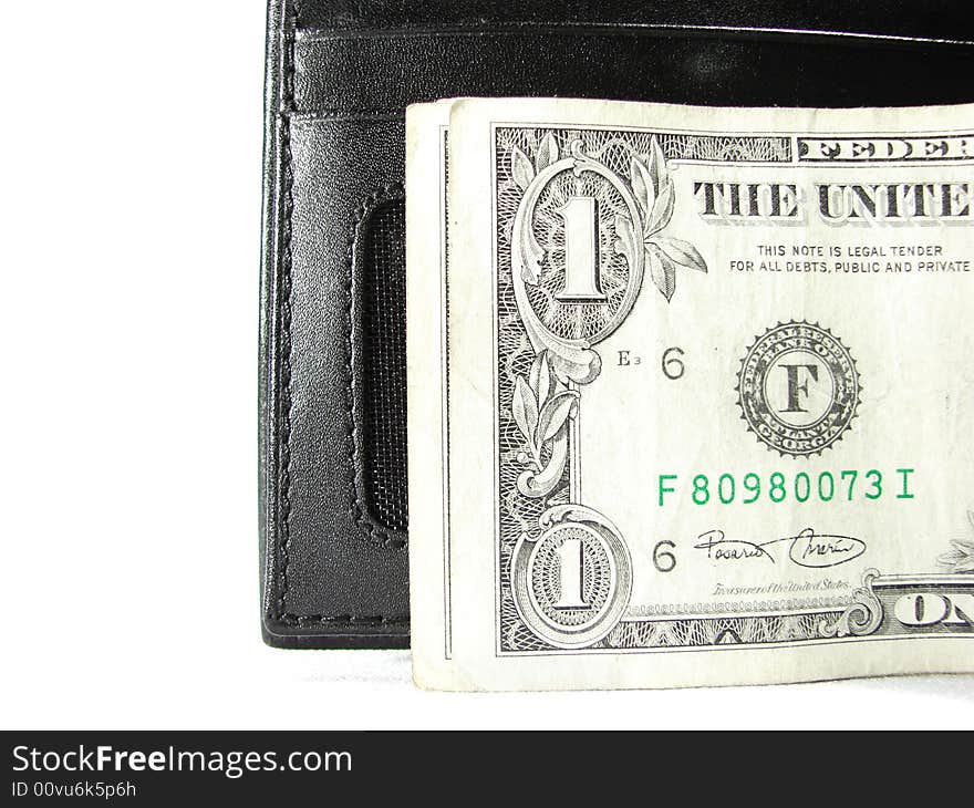 Black leather purse pouch with paper money dollars isolated on white. Black leather purse pouch with paper money dollars isolated on white