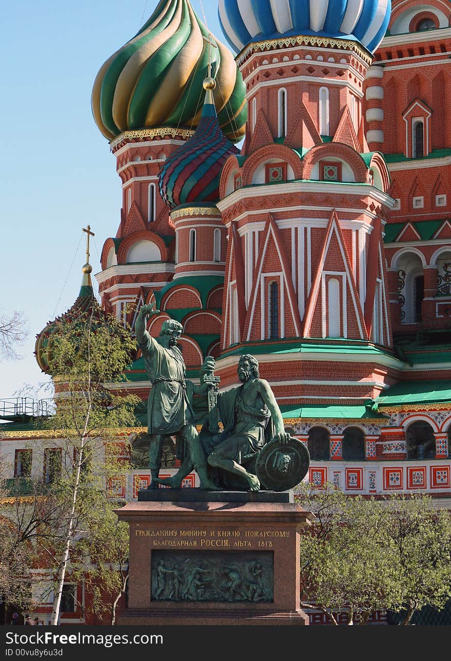 Famous statue of Minin and Pozharsky in front of St Basil's Cathedral on Red Square. The Statue was erected in 1818 as Moscow's first monumental sculpture, by the artist Ivan Martos. Famous statue of Minin and Pozharsky in front of St Basil's Cathedral on Red Square. The Statue was erected in 1818 as Moscow's first monumental sculpture, by the artist Ivan Martos