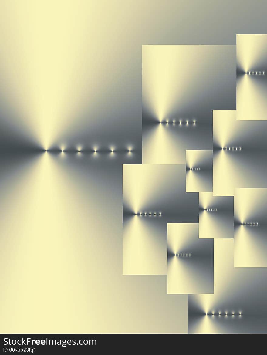 Abstract of ten overlaid gold and silver grey rectangles of various sizes with six points of light in a horizontal line on each. Abstract of ten overlaid gold and silver grey rectangles of various sizes with six points of light in a horizontal line on each.