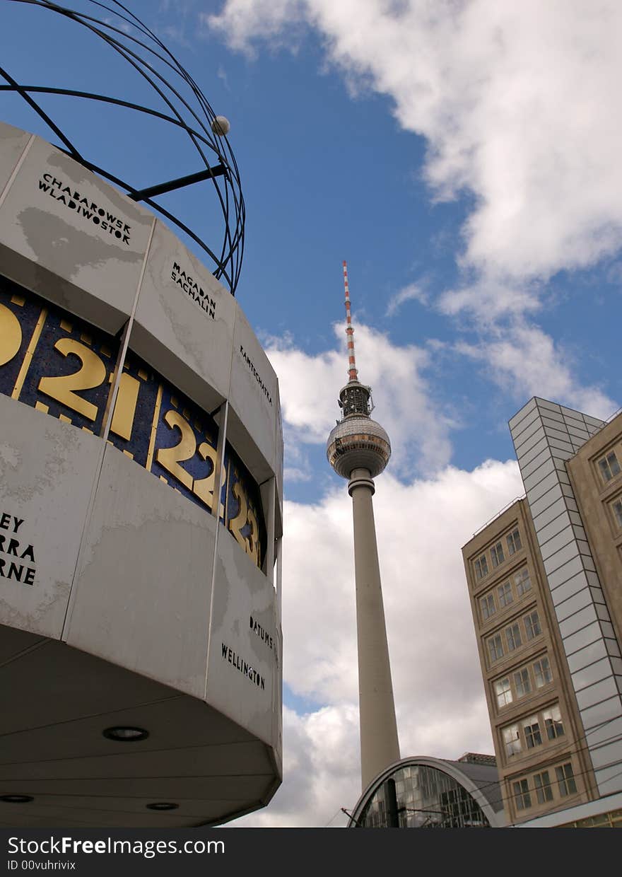 The Fernsehturm and alexanderplatz clock. The Fernsehturm and alexanderplatz clock