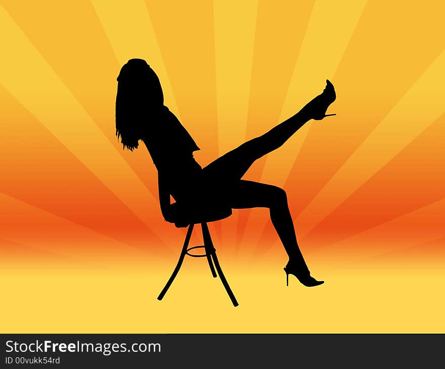 Sitting girl on the orange background with lines