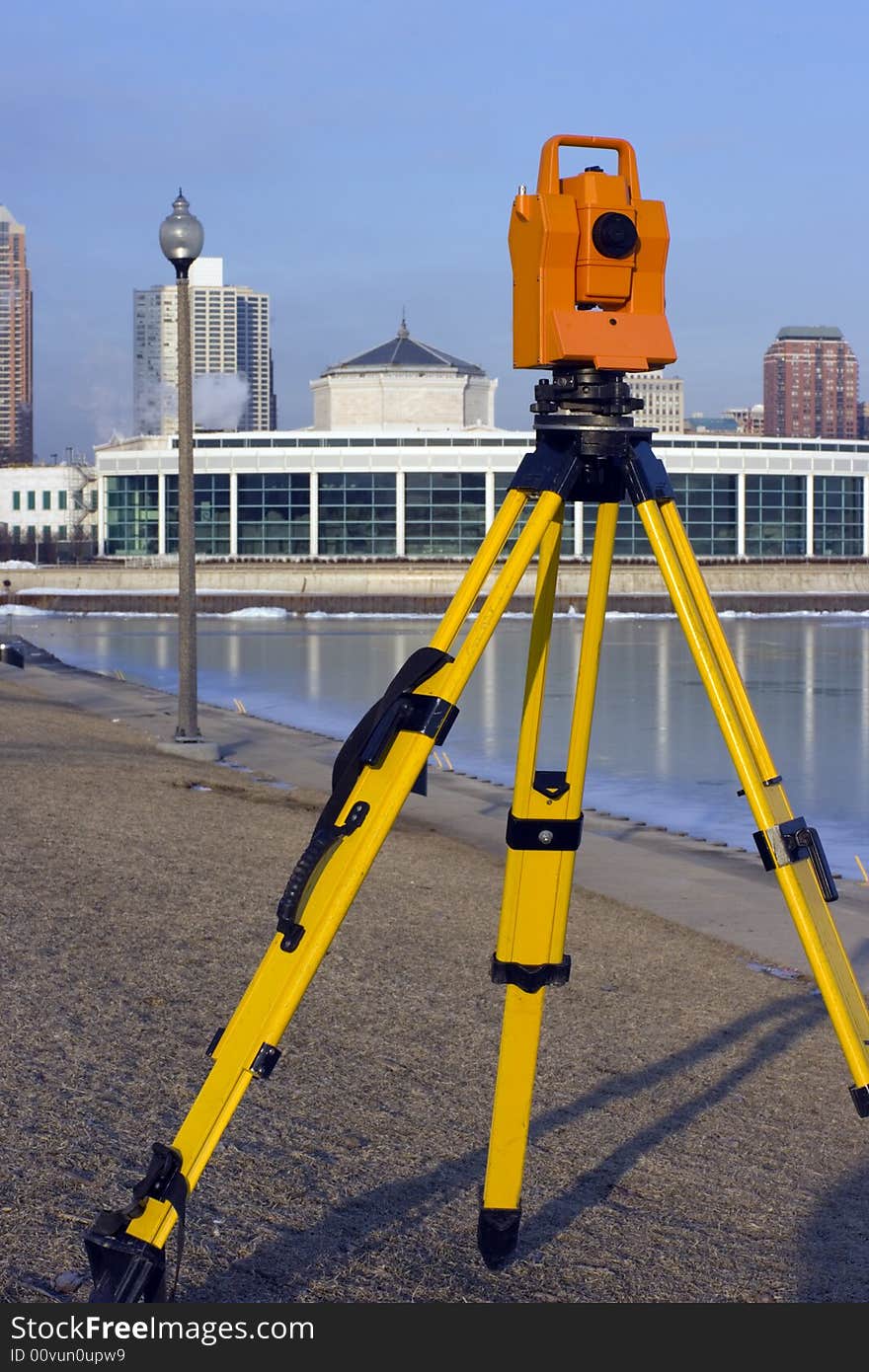 Theodolite Set In Front Of Aquarium