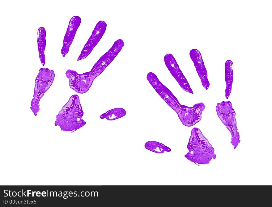 A set of purple hand prints on a white canvas