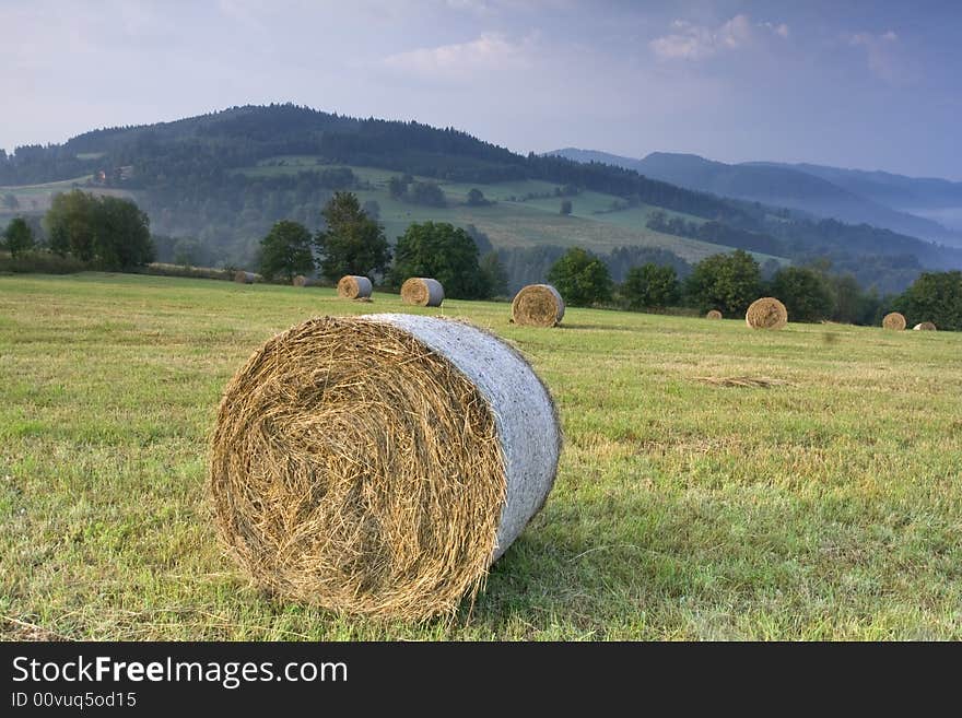 Bails of hay and beautiful green landscape