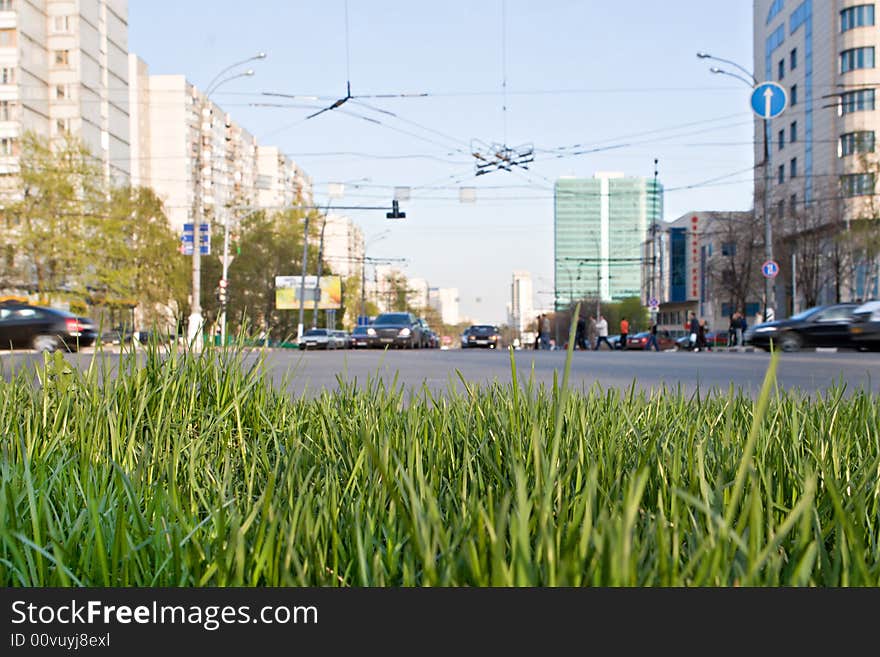 Lawn with a green grass on a background of an automobile highway. Lawn with a green grass on a background of an automobile highway