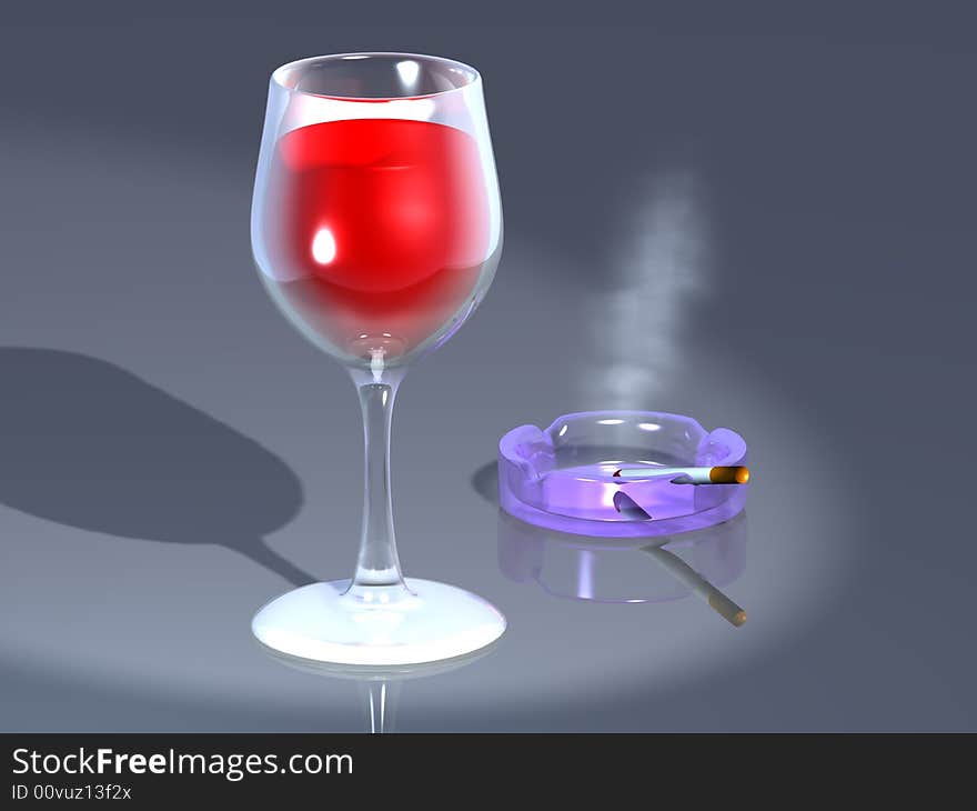 Glass of wine with a cigarette in a bar. Glass of wine with a cigarette in a bar