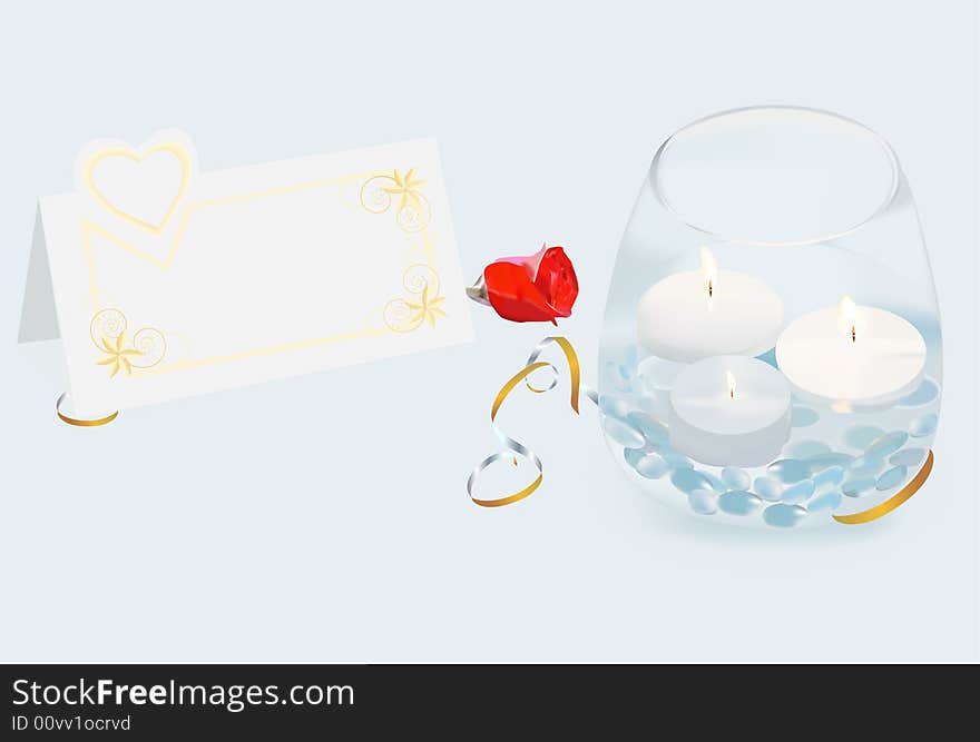 Vase with three candles. Congratulatory card, a red rose and a gold tape. Vase with three candles. Congratulatory card, a red rose and a gold tape.