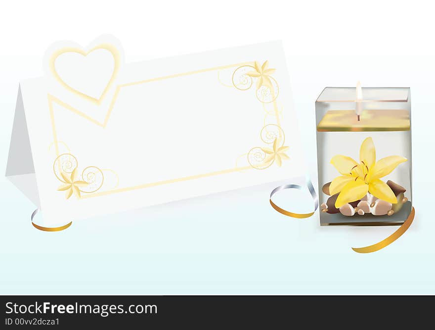 Vase with one candle and one yellow flower. Congratulatory card. Vase with one candle and one yellow flower. Congratulatory card.