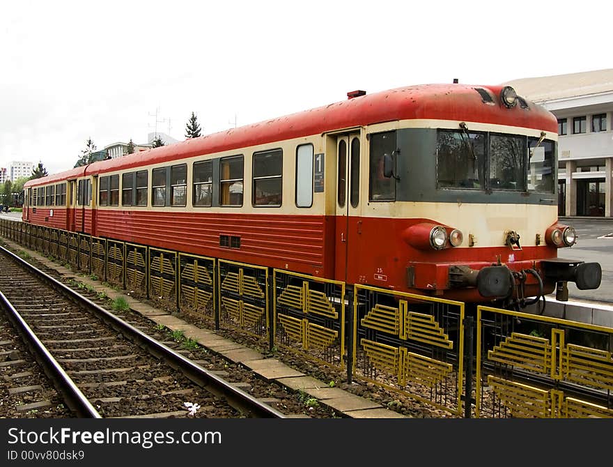 Motorailer train engine in station