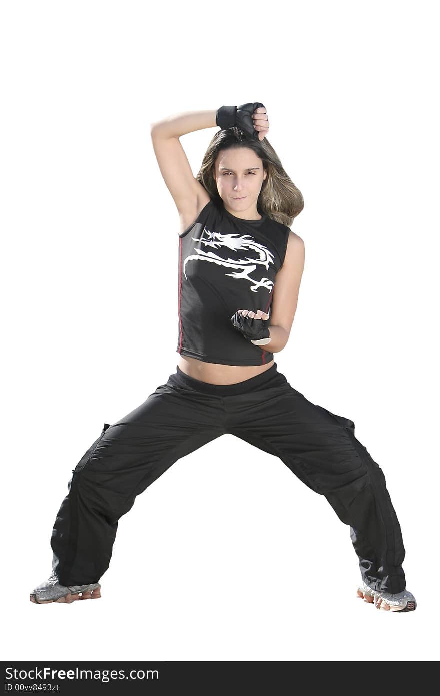 Girl fighting in a white background