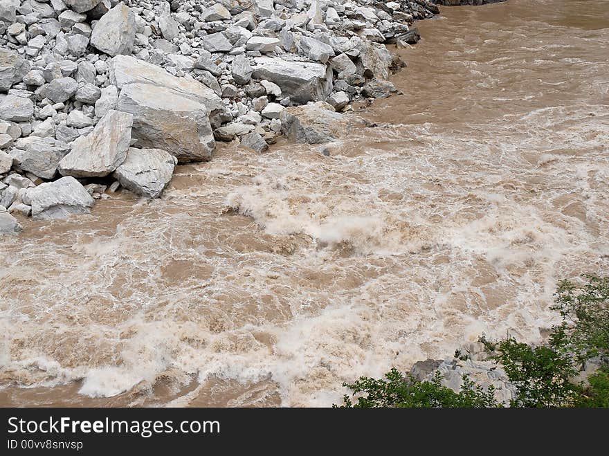 Running river with rocks and trees