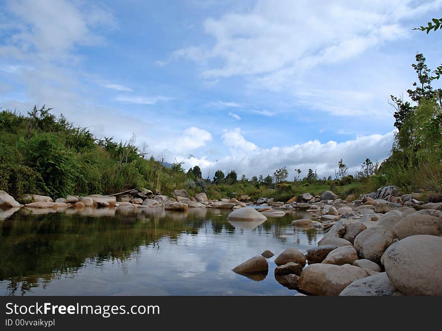 Lake landscape with blue sky and clouds