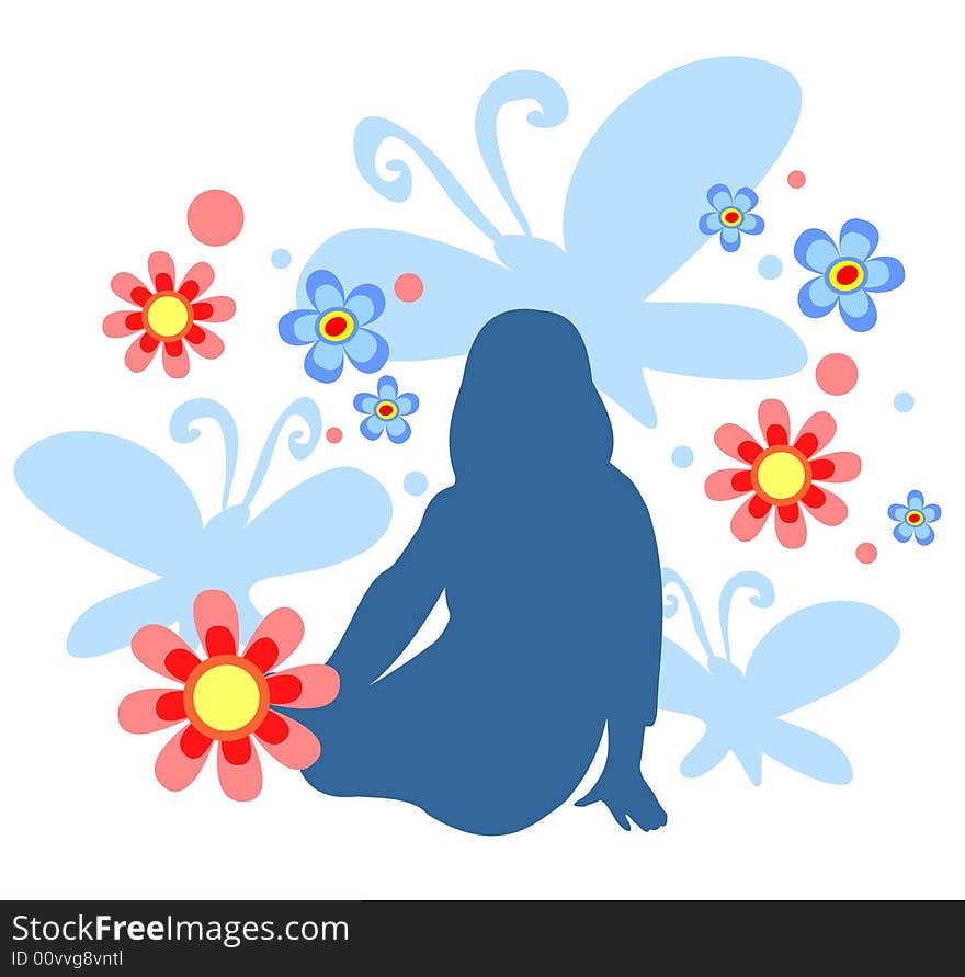 Dark silhouette of the laying girl and butterflies on a white background.