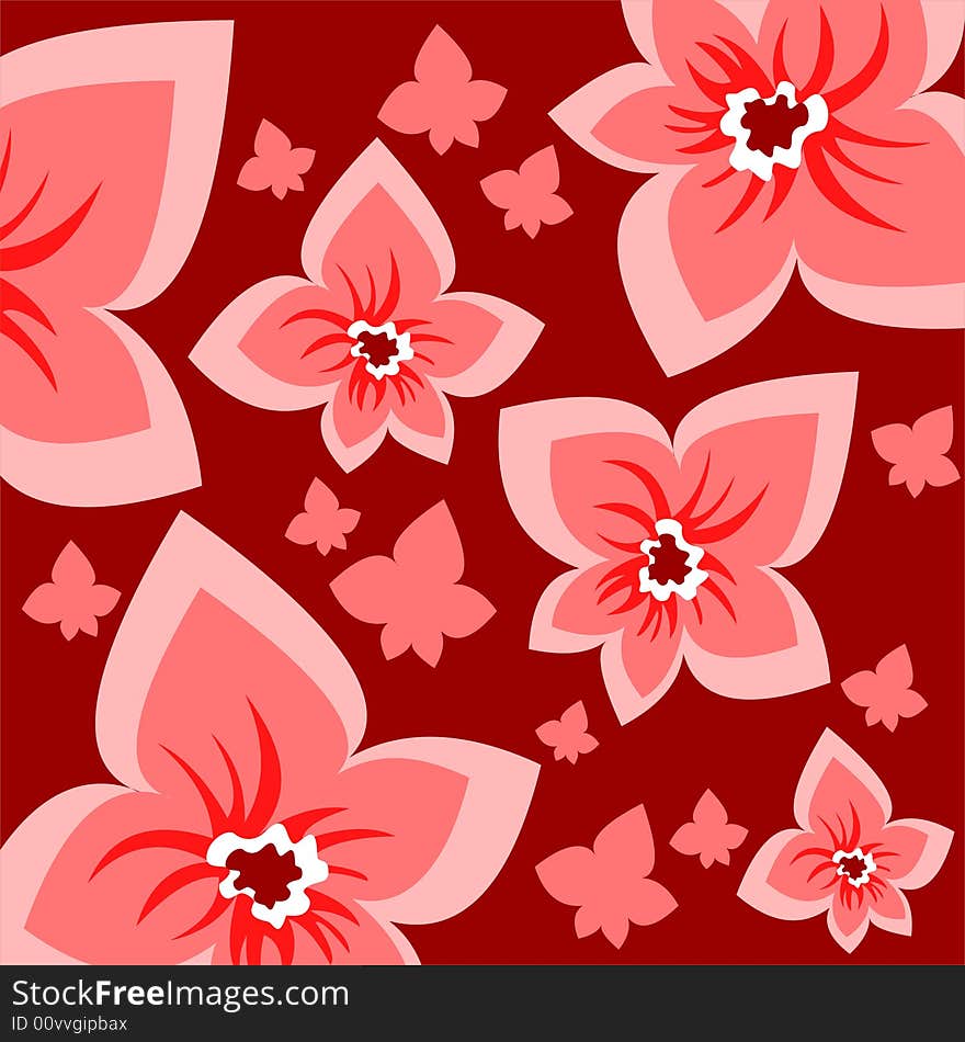 Ornate red flowers on a dark red background. Ornate red flowers on a dark red background.