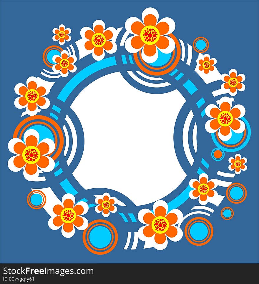 Red ornate flower pattern with white striped frame on a blue background. Red ornate flower pattern with white striped frame on a blue background.