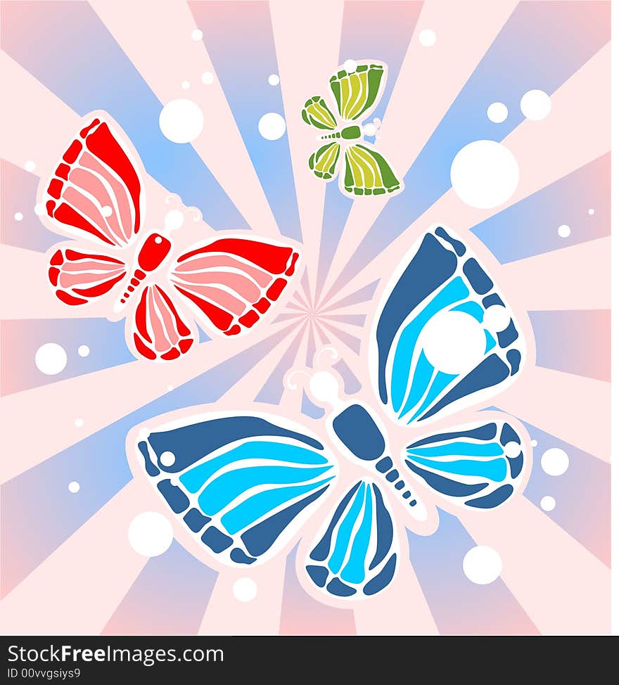 Three ornate butterflies on a pink striped background. Three ornate butterflies on a pink striped background.