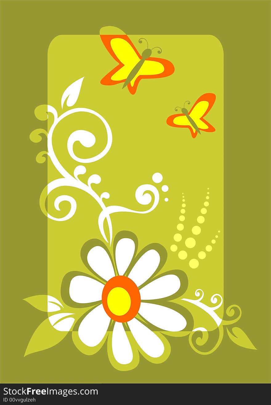 Ornate chamomile and butterflies on a green background. Ornate chamomile and butterflies on a green background.