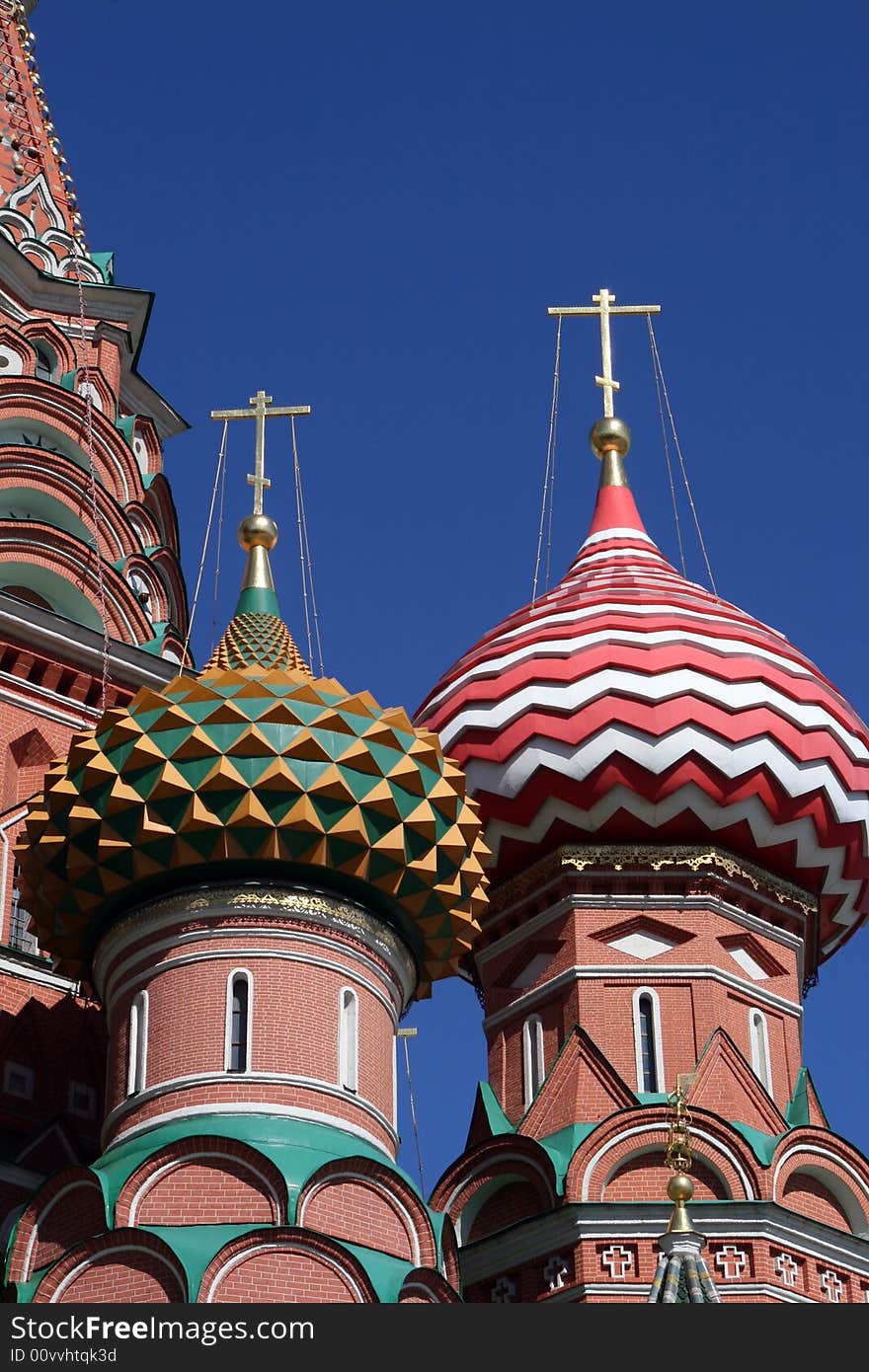 Traditional Russian architecture atop the The Pokrovsky Cathedral (St. Basil's Cathedral) on Red Square in Moscow. Traditional Russian architecture atop the The Pokrovsky Cathedral (St. Basil's Cathedral) on Red Square in Moscow.