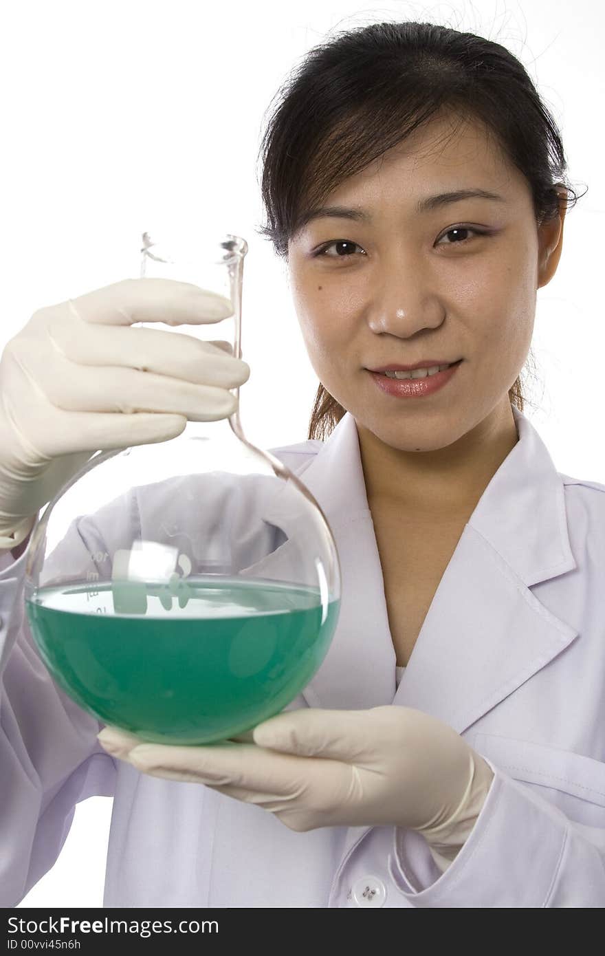 Female scientist with test tube in white background.