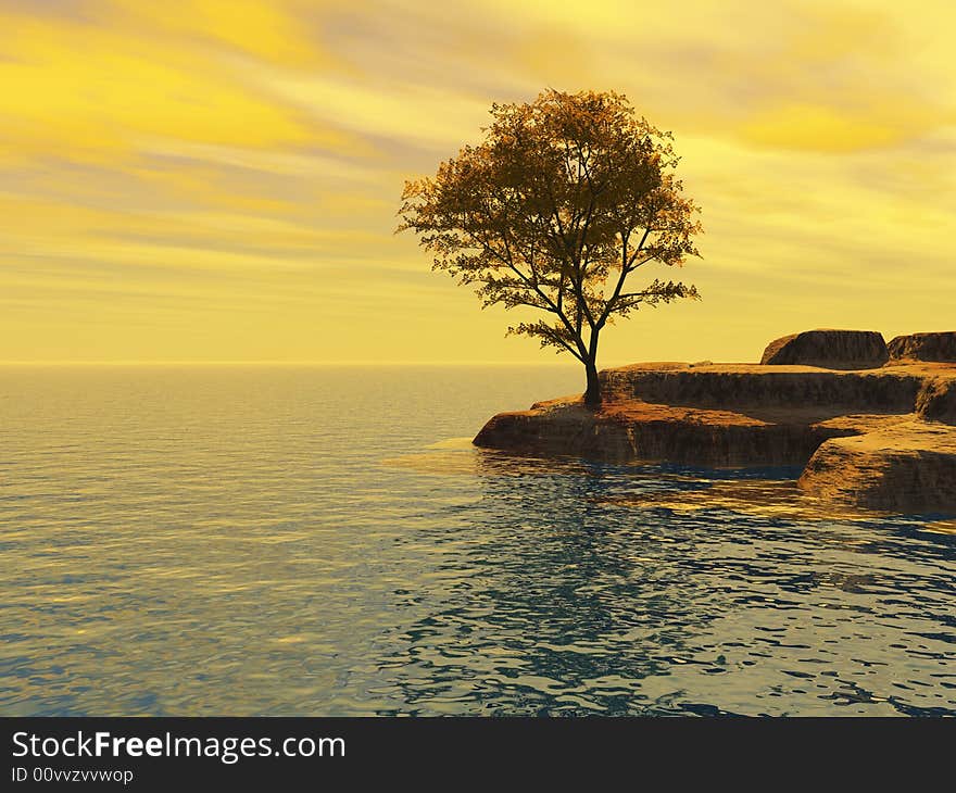 Old maple  tree at a ocean beach - digital artwork.