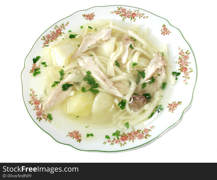 Hot chicken soup bouillon in white dish. Hot chicken soup bouillon in white dish