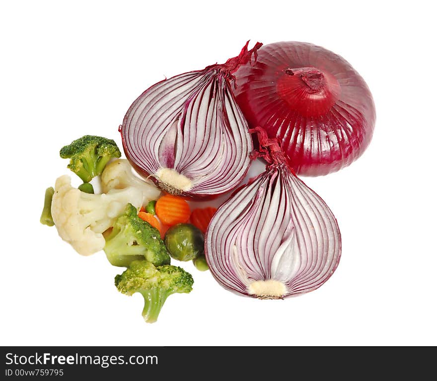 Spanish red onion and different vegetables, healthy breakfast.