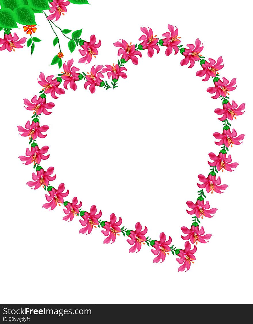 a heart simple Pink colour flower with green leafs in isolate background as