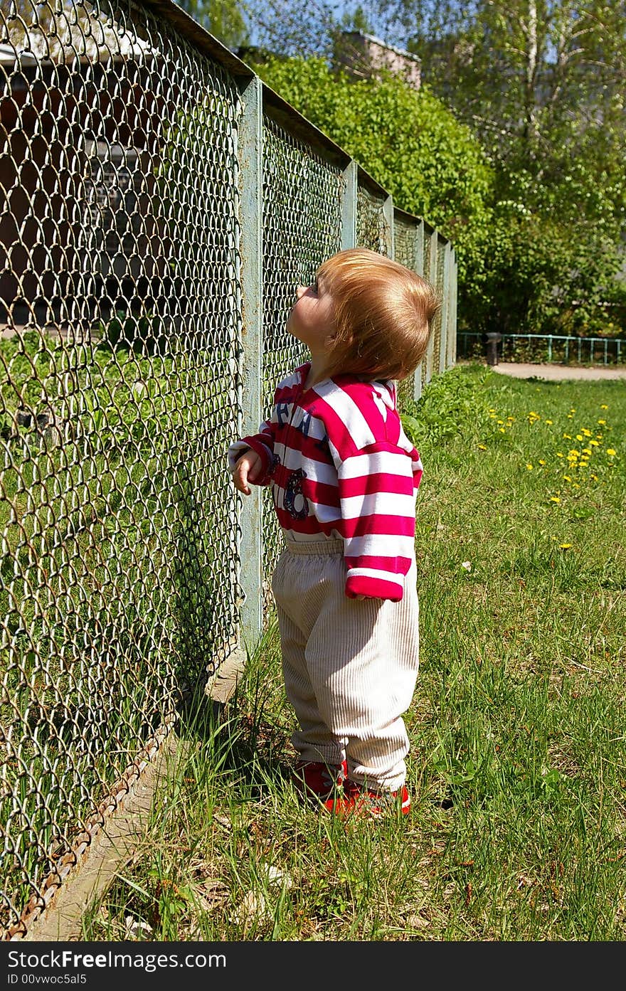 Girl costs on a grass near a fence