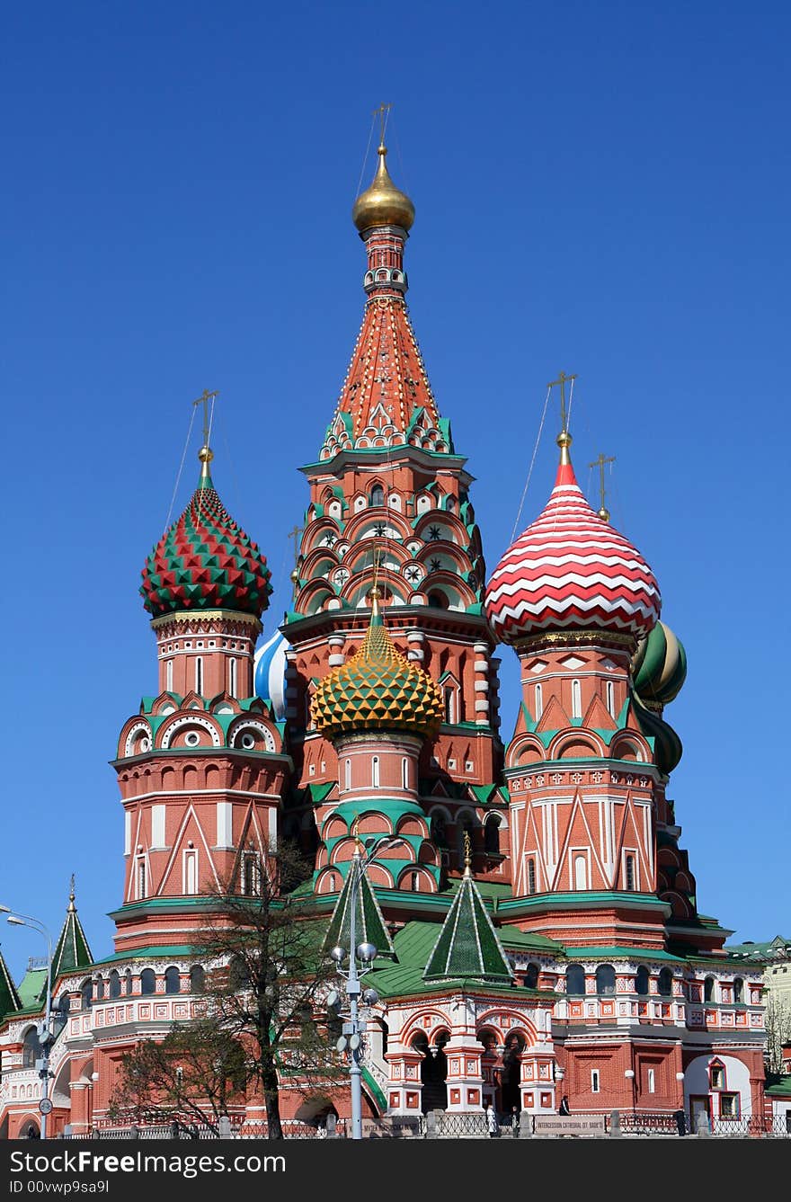 Traditional Russian architecture atop the The Pokrovsky Cathedral (St. Basil's Cathedral) on Red Square in Moscow. The cathedral was built between 1555 and 1561 by the architects Barma and Postnik Yakoviev.