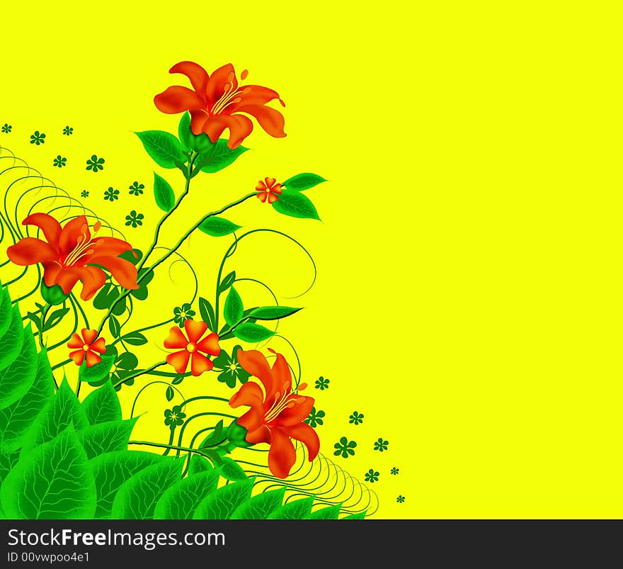 Rose pink colour flower with green leafs in yellow background. Rose pink colour flower with green leafs in yellow background