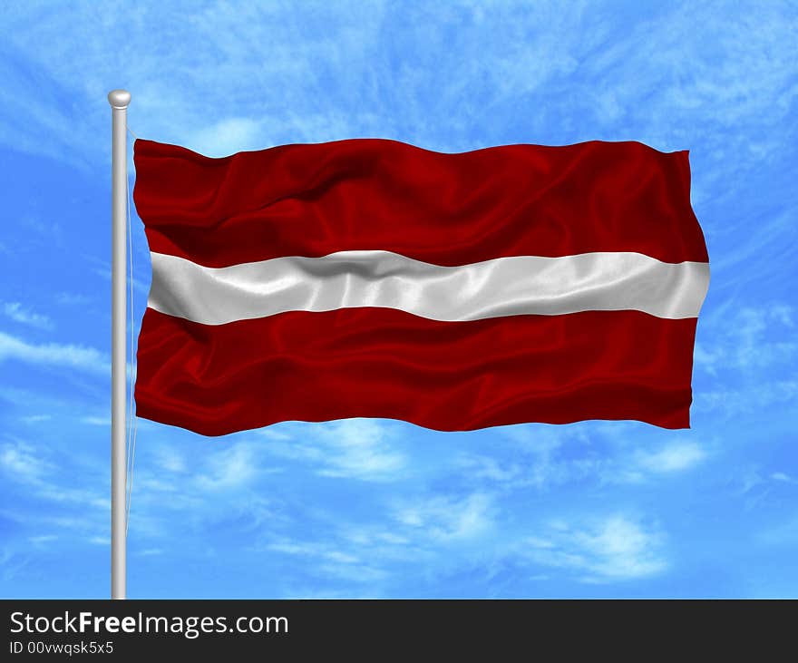 Illustration of waving Latvian Flag on blue sky. Illustration of waving Latvian Flag on blue sky