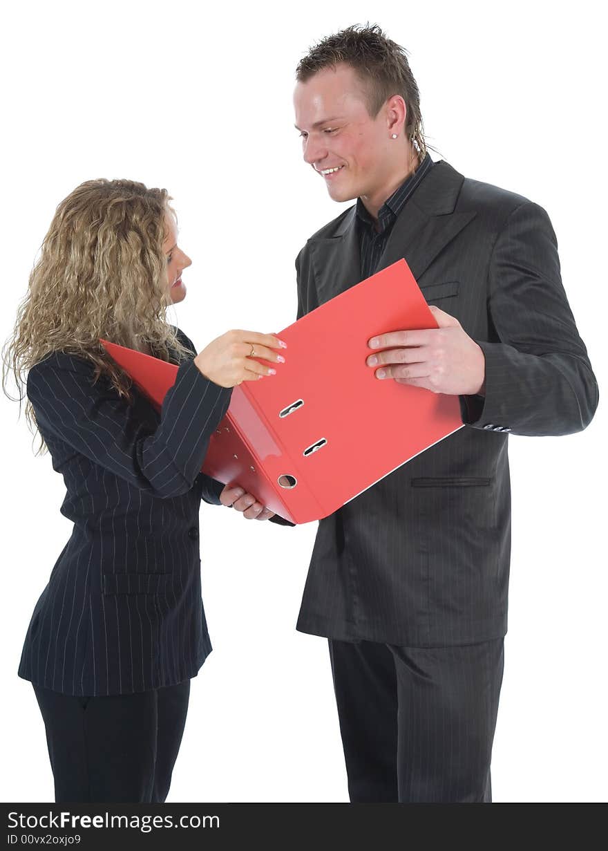 Businesswoman and businessman on white background