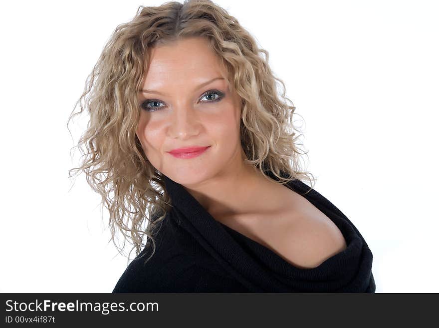 Portrait of the blonde with blue eye on white background