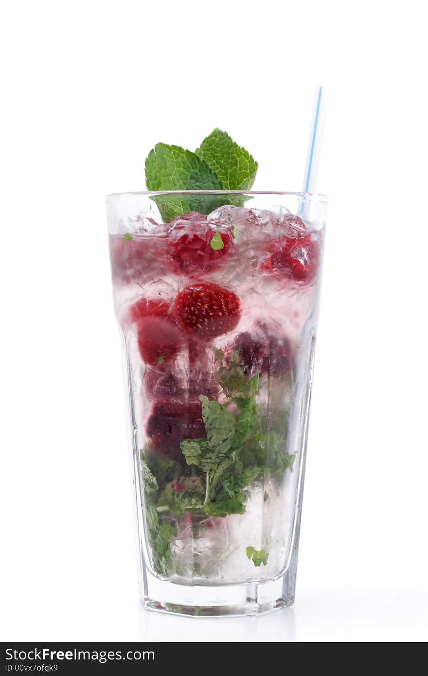 Cocktail with mine and strawberry isolated on a white background. Cocktail with mine and strawberry isolated on a white background