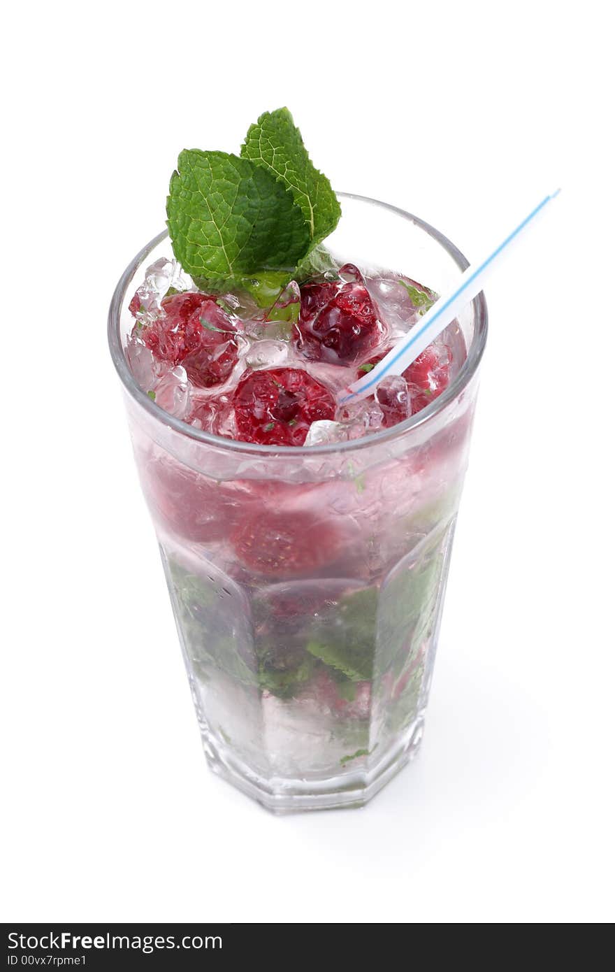 Cocktail with mine and strawberry isolated on a white background. Cocktail with mine and strawberry isolated on a white background